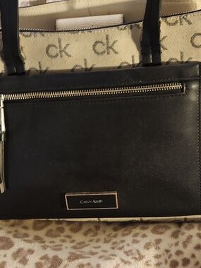 Calvin Klein Black Leather Shoulder Tote with Monogram Canvas Trim